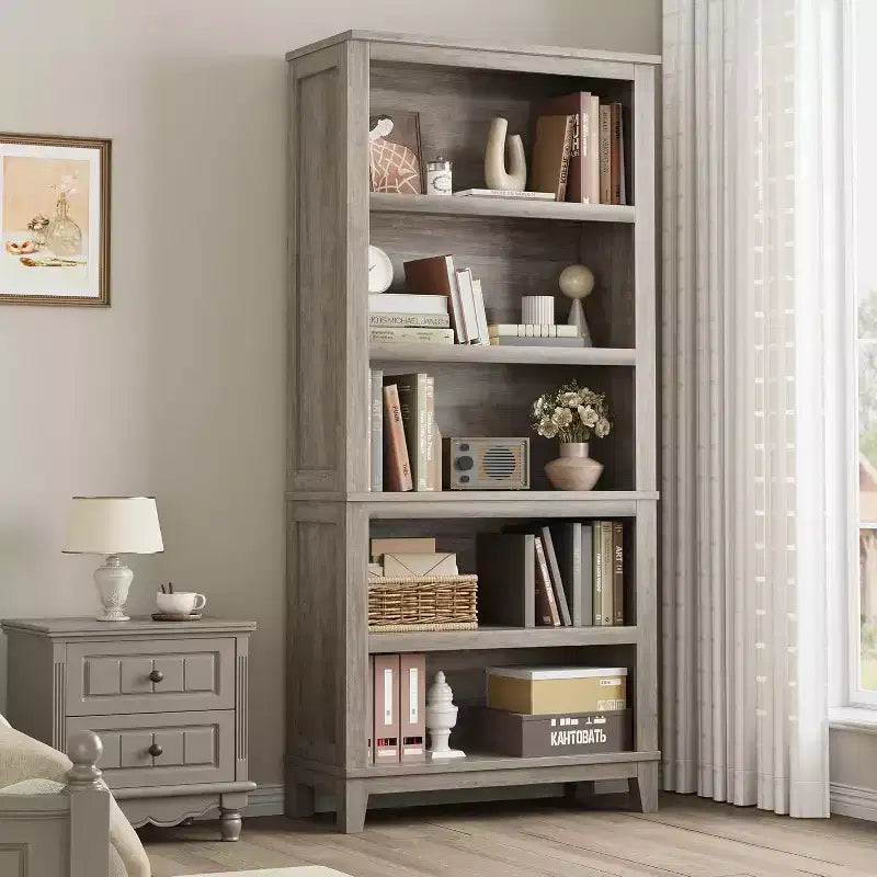 71 Farmhouse Bookcase, 5 Adjustable Shelves, 31.5W x 11.8D, Rustic Wood Grain, for Living Room Office Library (Gray, Wide)
