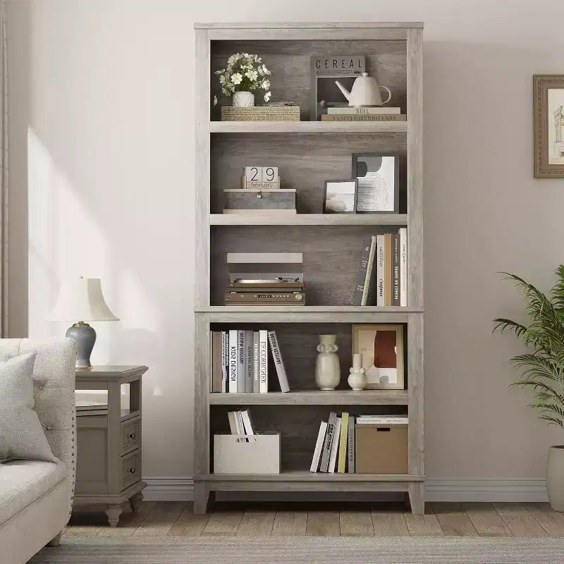 71 Farmhouse Bookcase, 5 Adjustable Shelves, 31.5W x 11.8D, Rustic Wood Grain, for Living Room Office Library (Gray, Wide)