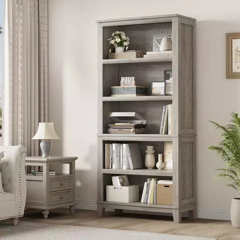 71 Farmhouse Bookcase, 5 Adjustable Shelves, 31.5W x 11.8D, Rustic Wood Grain, for Living Room Office Library (Gray, Wide)