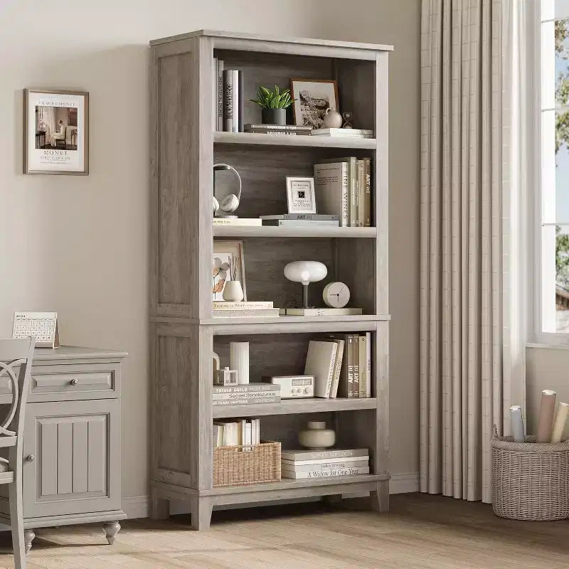 71 Farmhouse Bookcase, 5 Adjustable Shelves, 31.5W x 11.8D, Rustic Wood Grain, for Living Room Office Library (Gray, Wide)