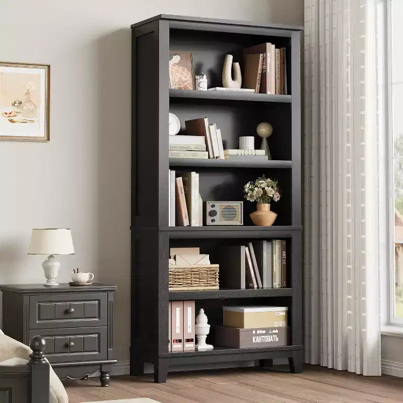 71 Farmhouse Bookcase, 5 Adjustable Shelves, 31.5W x 11.8D, Rustic Wood Grain, for Living Room Office Library (Gray, Wide)
