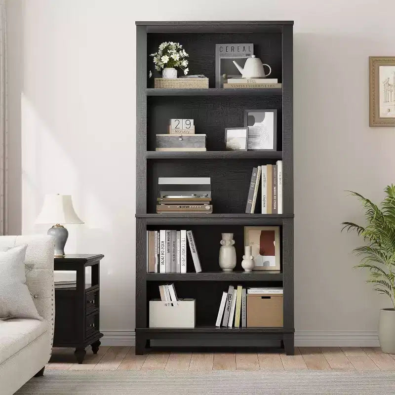 71 Farmhouse Bookcase, 5 Adjustable Shelves, 31.5W x 11.8D, Rustic Wood Grain, for Living Room Office Library (Gray, Wide)