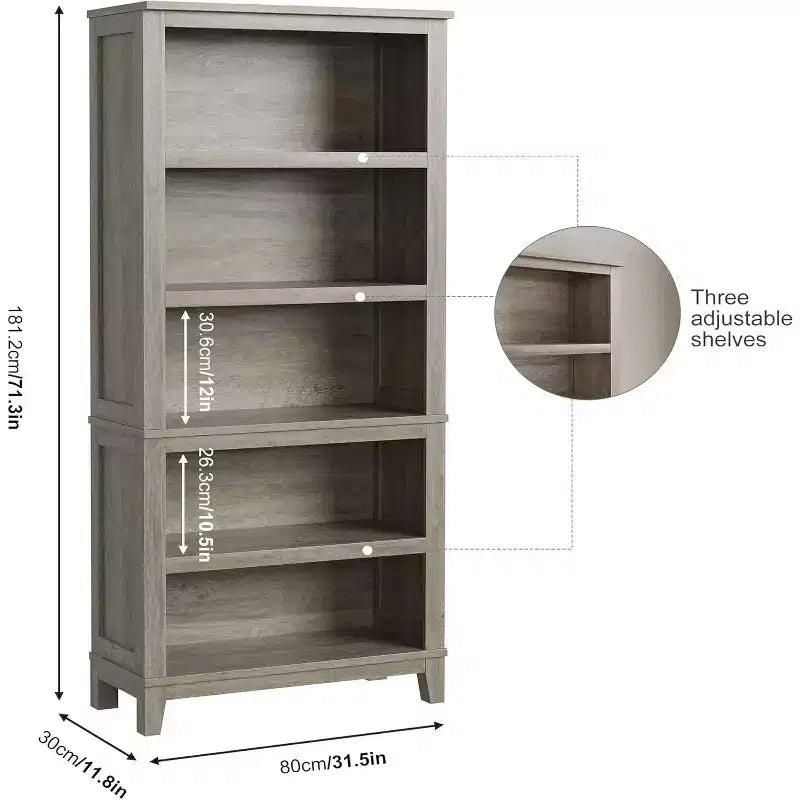 71 Farmhouse Bookcase, 5 Adjustable Shelves, 31.5W x 11.8D, Rustic Wood Grain, for Living Room Office Library (Gray, Wide)