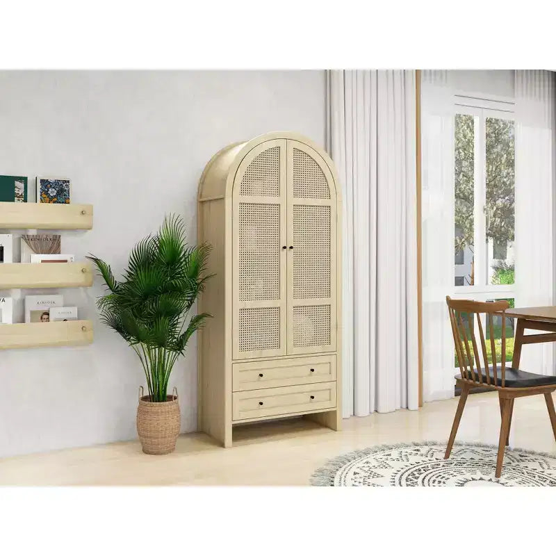 Meuble de cuisine Okak avec arche, Meuble haut avec 2 tiroirs et porte en rotin, Armoire polyvalente pour salon et salle à manger, Naturel