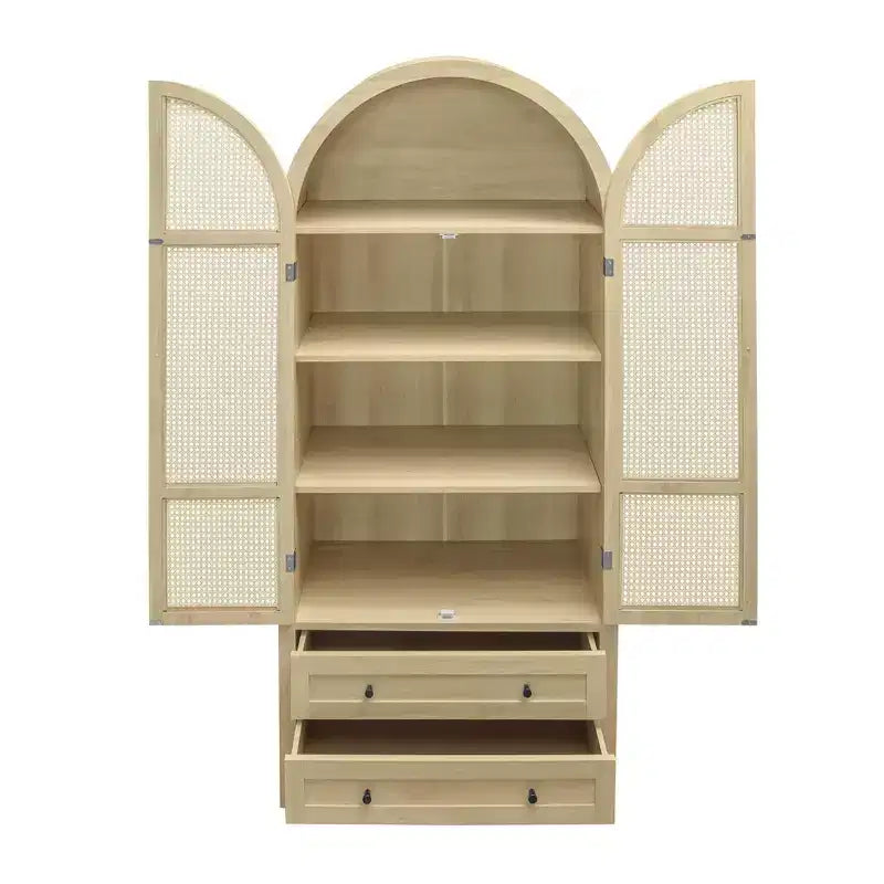 Meuble de cuisine Okak avec arche, Meuble haut avec 2 tiroirs et porte en rotin, Armoire polyvalente pour salon et salle à manger, Naturel