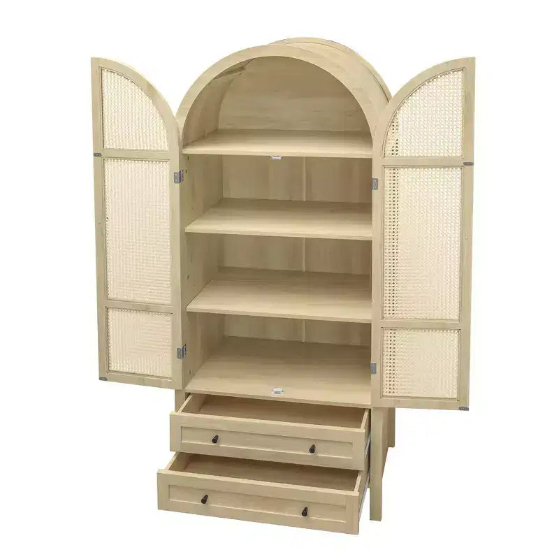 Meuble de cuisine Okak avec arche, Meuble haut avec 2 tiroirs et porte en rotin, Armoire polyvalente pour salon et salle à manger, Naturel