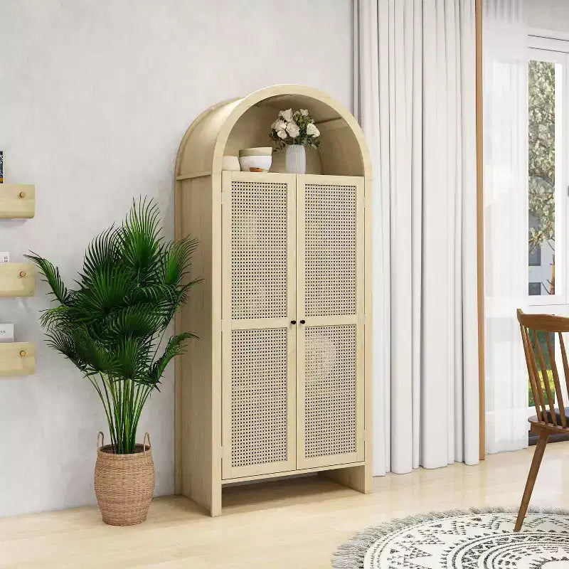 Meuble de cuisine Okak avec arche, Meuble haut avec 2 tiroirs et porte en rotin, Armoire polyvalente pour salon et salle à manger, Naturel