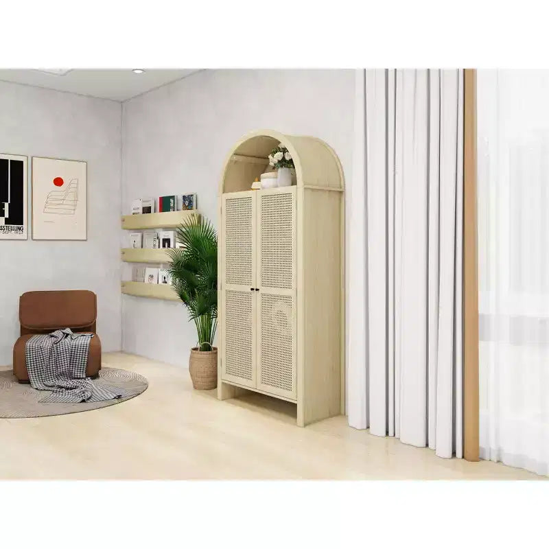 Meuble de cuisine Okak avec arche, Meuble haut avec 2 tiroirs et porte en rotin, Armoire polyvalente pour salon et salle à manger, Naturel