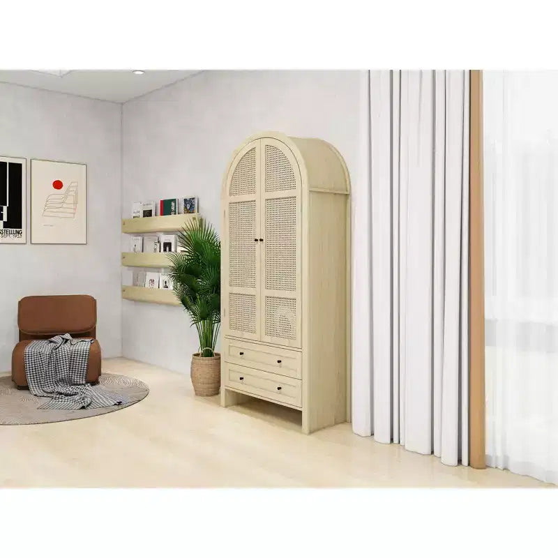 Okak Arched Kitchen Pantry Cabinet, Tall Cabinet with 2 Drawer & Rattan Door, Versatile Cupboard for Living Room Dining Room, Natural