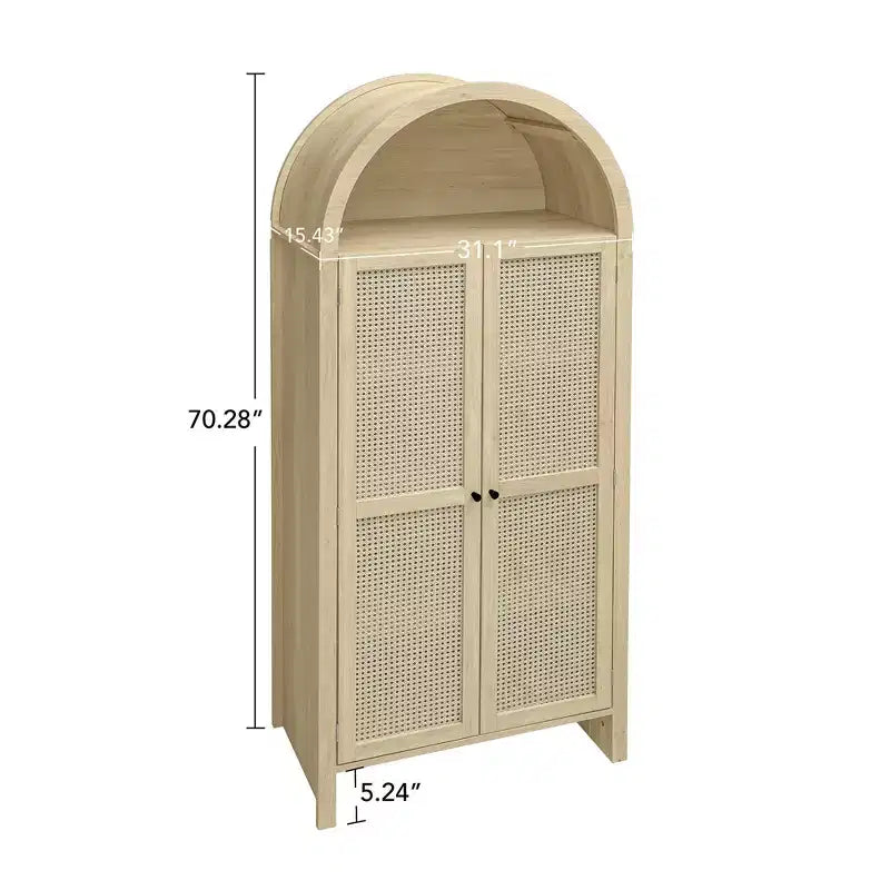 Meuble de cuisine Okak avec arche, Meuble haut avec 2 tiroirs et porte en rotin, Armoire polyvalente pour salon et salle à manger, Naturel