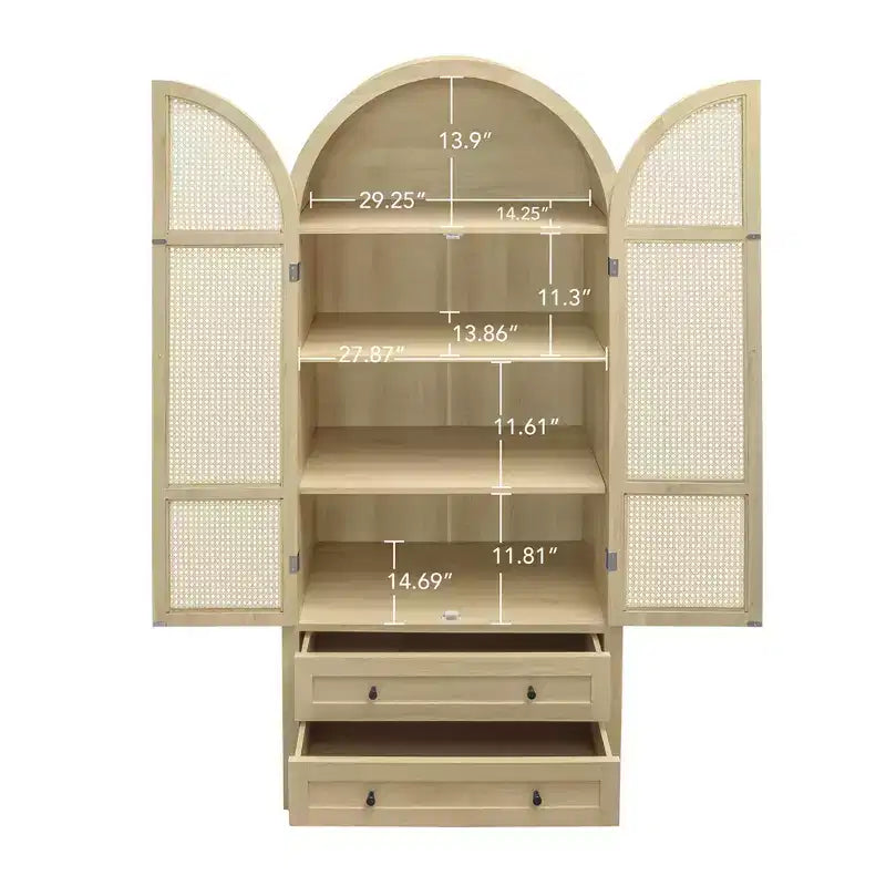 Meuble de cuisine Okak avec arche, Meuble haut avec 2 tiroirs et porte en rotin, Armoire polyvalente pour salon et salle à manger, Naturel