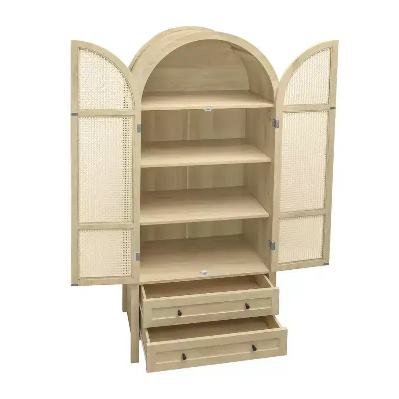 Meuble de cuisine Okak avec arche, Meuble haut avec 2 tiroirs et porte en rotin, Armoire polyvalente pour salon et salle à manger, Naturel