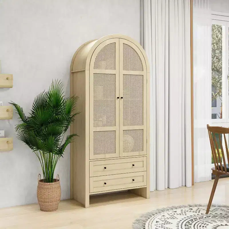 Meuble de cuisine Okak avec arche, Meuble haut avec 2 tiroirs et porte en rotin, Armoire polyvalente pour salon et salle à manger, Naturel