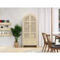 Meuble de cuisine Okak avec arche, Meuble haut avec 2 tiroirs et porte en rotin, Armoire polyvalente pour salon et salle à manger, Naturel