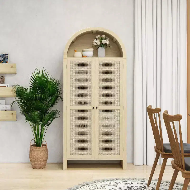 Okak Arched Kitchen Pantry Cabinet, Tall Cabinet with 2 Drawer & Rattan Door, Versatile Cupboard for Living Room Dining Room, Natural