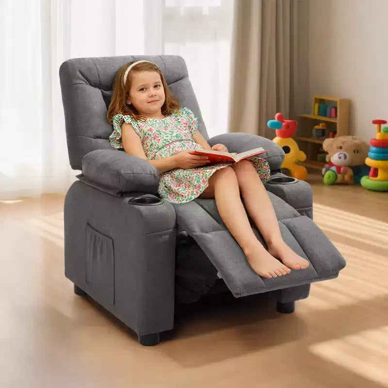VEVOR Kids Reclining Chair, Toddler Recliner with Cup Holders and Pockets, 107 to 126 Adjustable Backrest, Breathable Polyester Fabric, Gray