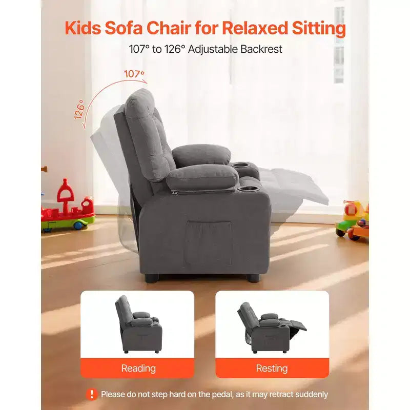 VEVOR Kids Reclining Chair, Toddler Recliner with Cup Holders and Pockets, 107 to 126 Adjustable Backrest, Breathable Polyester Fabric, Gray