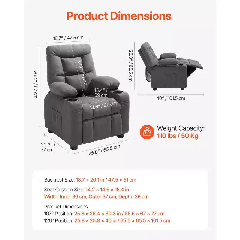 VEVOR Kids Reclining Chair, Toddler Recliner with Cup Holders and Pockets, 107 to 126 Adjustable Backrest, Breathable Polyester Fabric, Gray