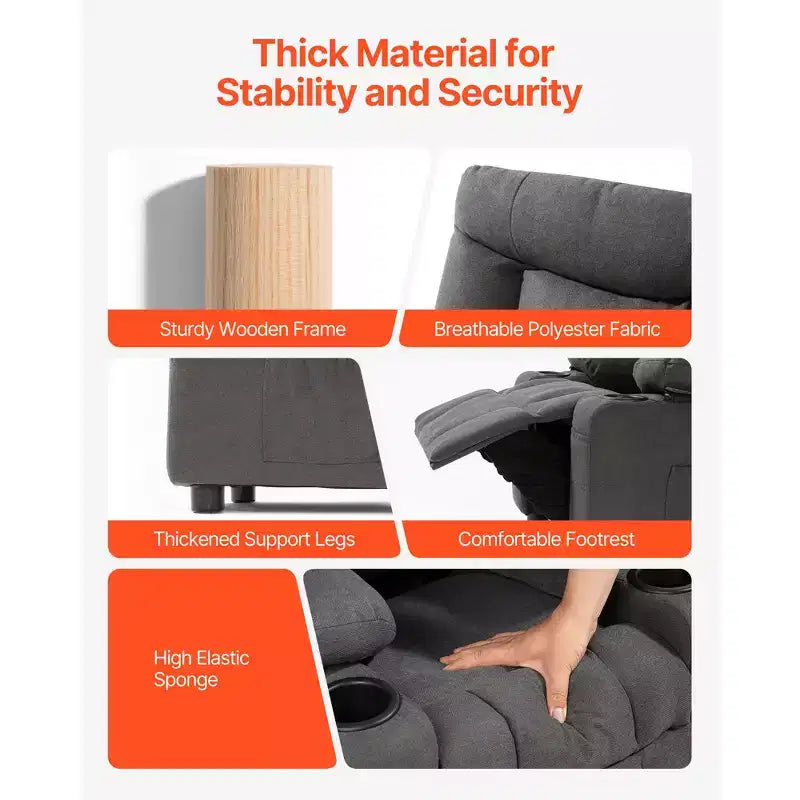 VEVOR Kids Reclining Chair, Toddler Recliner with Cup Holders and Pockets, 107 to 126 Adjustable Backrest, Breathable Polyester Fabric, Gray