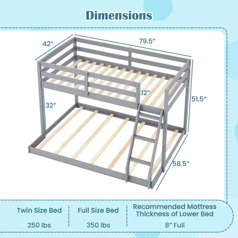 Costway Twin Over Full Bunk Bed with Integrated Ladder & Safety Guardrails Solid Wood Gray/White