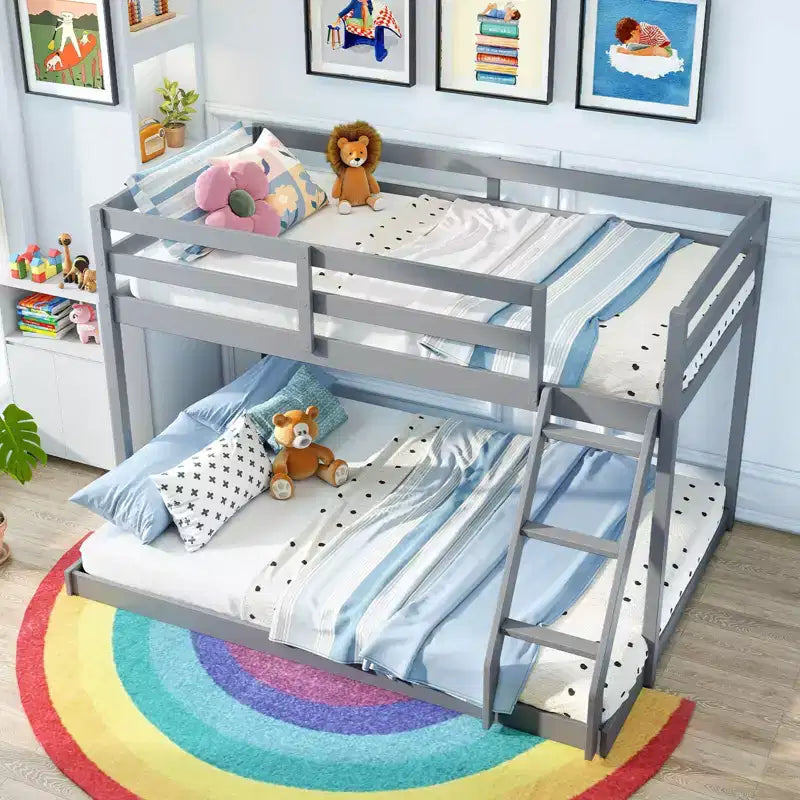 Costway Twin Over Full Bunk Bed with Integrated Ladder & Safety Guardrails Solid Wood Gray/White
