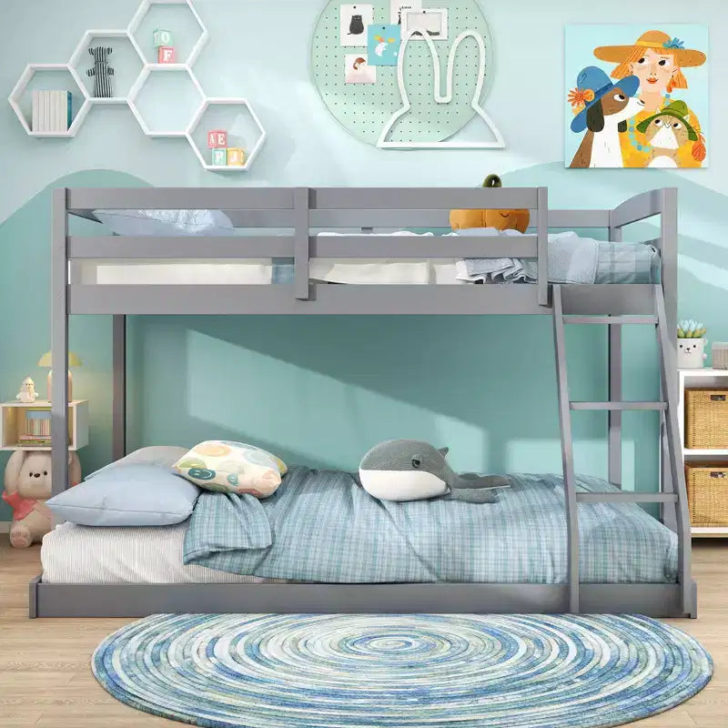 Costway Twin Over Full Bunk Bed with Integrated Ladder & Safety Guardrails Solid Wood Gray/White