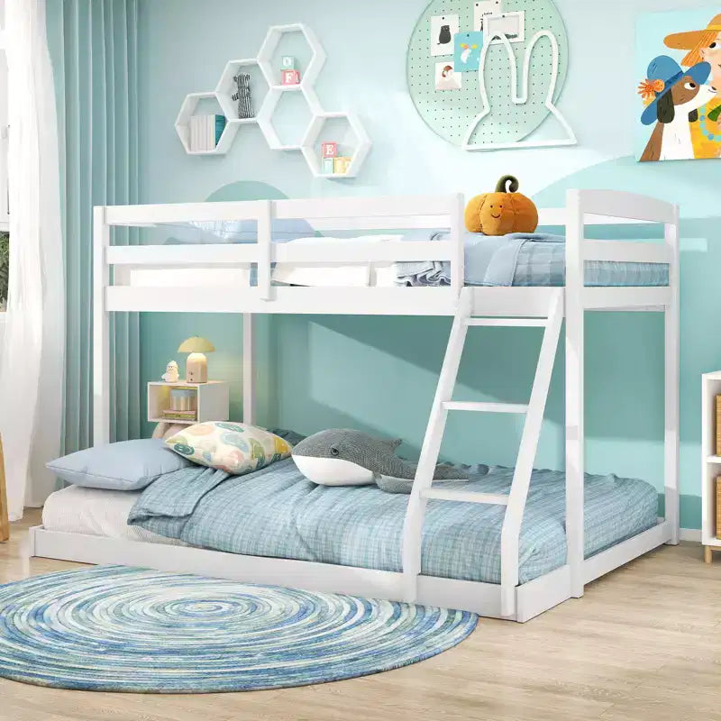 Costway Twin Over Full Bunk Bed with Integrated Ladder & Safety Guardrails Solid Wood Gray/White