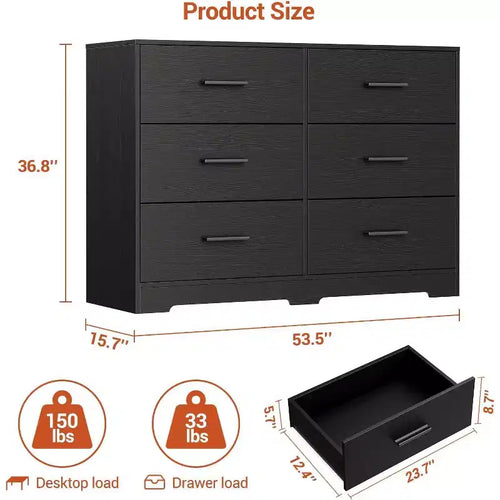 Commode Acekool à 6 tiroirs, commode moderne avec poignées métalliques, meuble TV en bois et organiseur de rangement pour chambre à coucher, salon