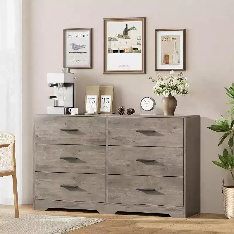 Acekool 6 Drawer Dresser, Modern Chest with Metal Handles, Wooden TV Stand & Storage Organizer for Bedroom, Living Room