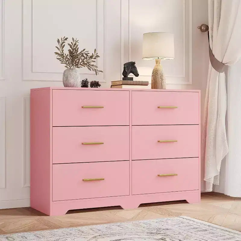 Acekool 6 Drawer Dresser, Modern Chest with Metal Handles, Wooden TV Stand & Storage Organizer for Bedroom, Living Room