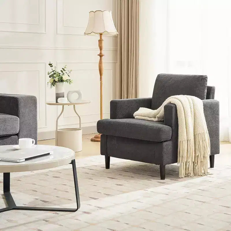 Acekool Modern Oversized Accent Chair, Linen Upholstered Armchair with Thick Cushion, Cozy Mid-Century Chair for Living Room Bedroom, Gray
