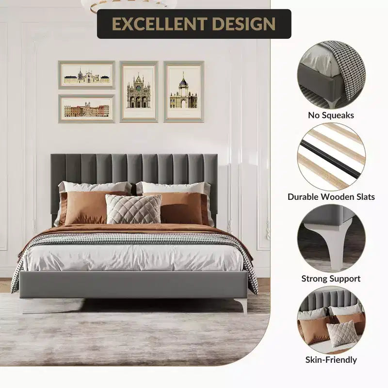 Bed Frame with Velvet Headboard Adjustable Strong Wood Slats, No Box Spring Needed