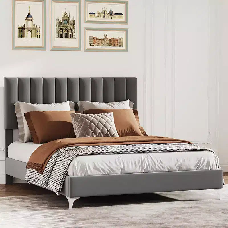 Bed Frame with Velvet Headboard Adjustable Strong Wood Slats, No Box Spring Needed