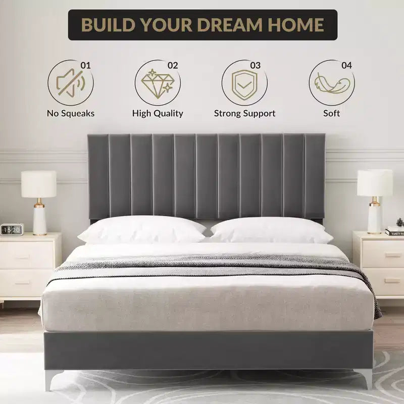 Bed Frame with Velvet Headboard Adjustable Strong Wood Slats, No Box Spring Needed