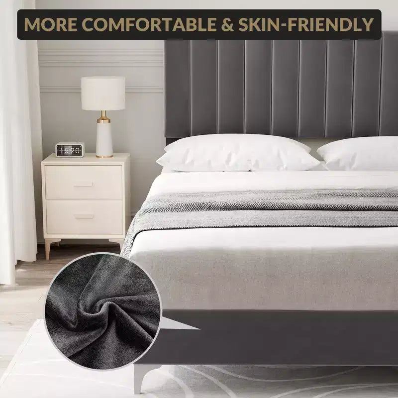 Bed Frame with Velvet Headboard Adjustable Strong Wood Slats, No Box Spring Needed