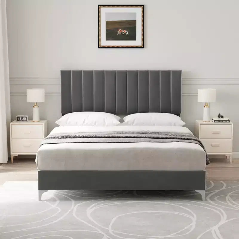 Bed Frame with Velvet Headboard Adjustable Strong Wood Slats, No Box Spring Needed