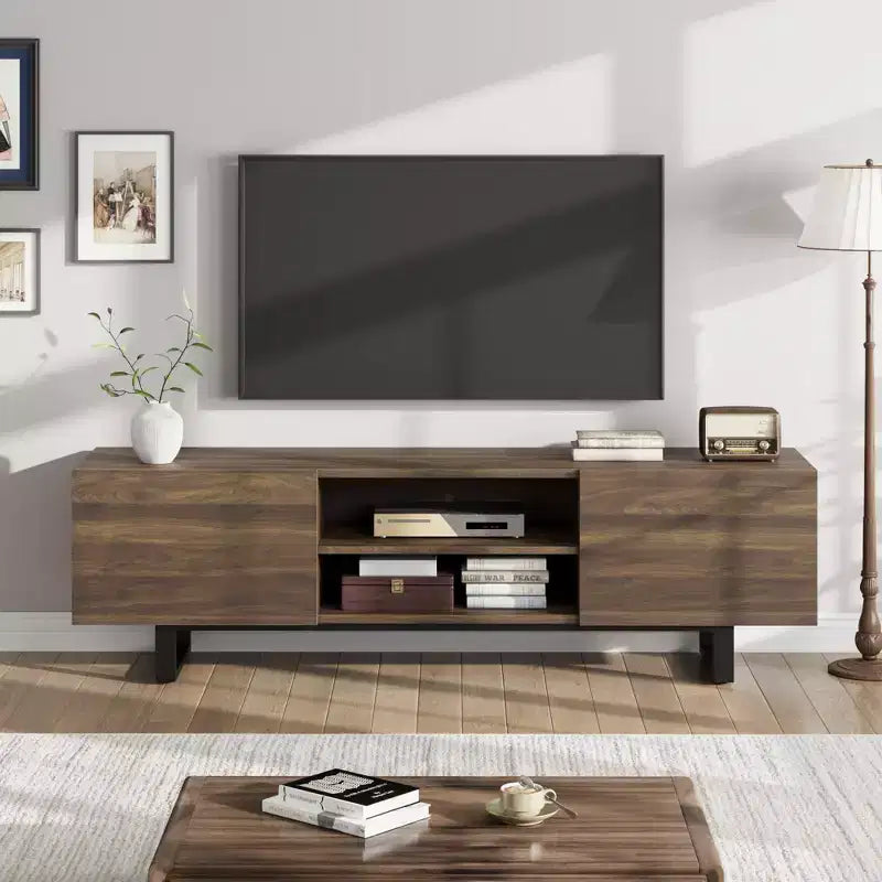 Industrial TV Stand for 75 Inch, Natural Entertainment Center with 2 Drawers and Heavy Duty Support Leg, Wooden Media Cabinet TV Console Table