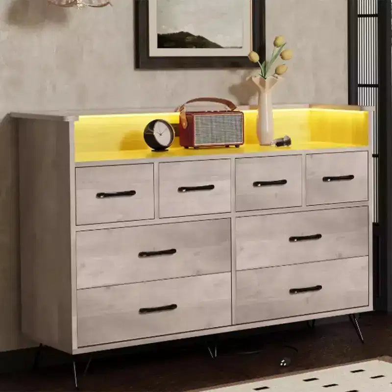 8-Drawer Dresser TV Stand with Charging Station - Black Storage Entertainment Center for Bedroom & Living Room