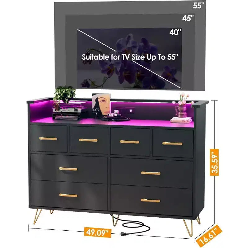 8-Drawer Dresser TV Stand with Charging Station - Black Storage Entertainment Center for Bedroom & Living Room