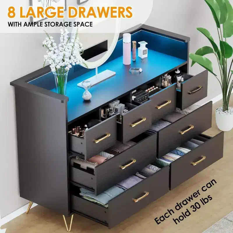 8-Drawer Dresser TV Stand with Charging Station - Black Storage Entertainment Center for Bedroom & Living Room