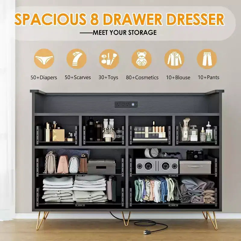 8-Drawer Dresser TV Stand with Charging Station - Black Storage Entertainment Center for Bedroom & Living Room