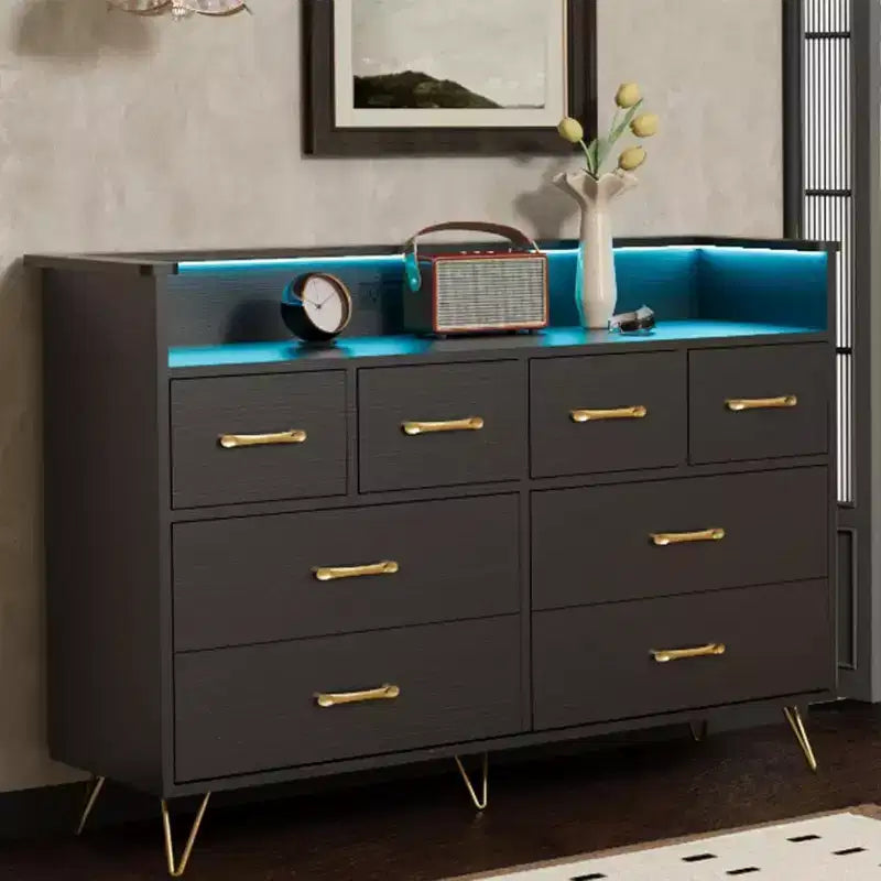 8-Drawer Dresser TV Stand with Charging Station - Black Storage Entertainment Center for Bedroom & Living Room