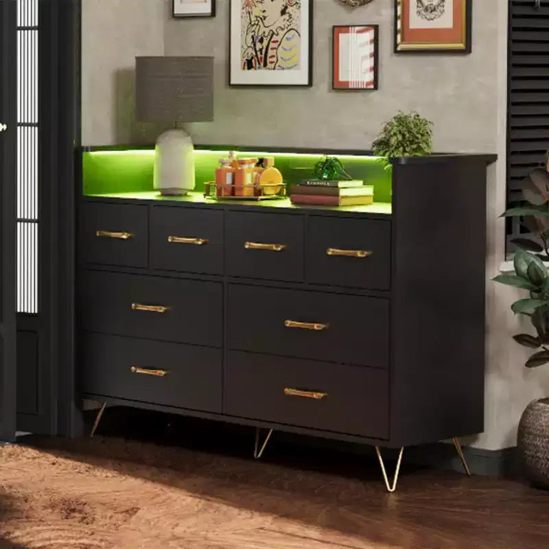 8-Drawer Dresser TV Stand with Charging Station - Black Storage Entertainment Center for Bedroom & Living Room