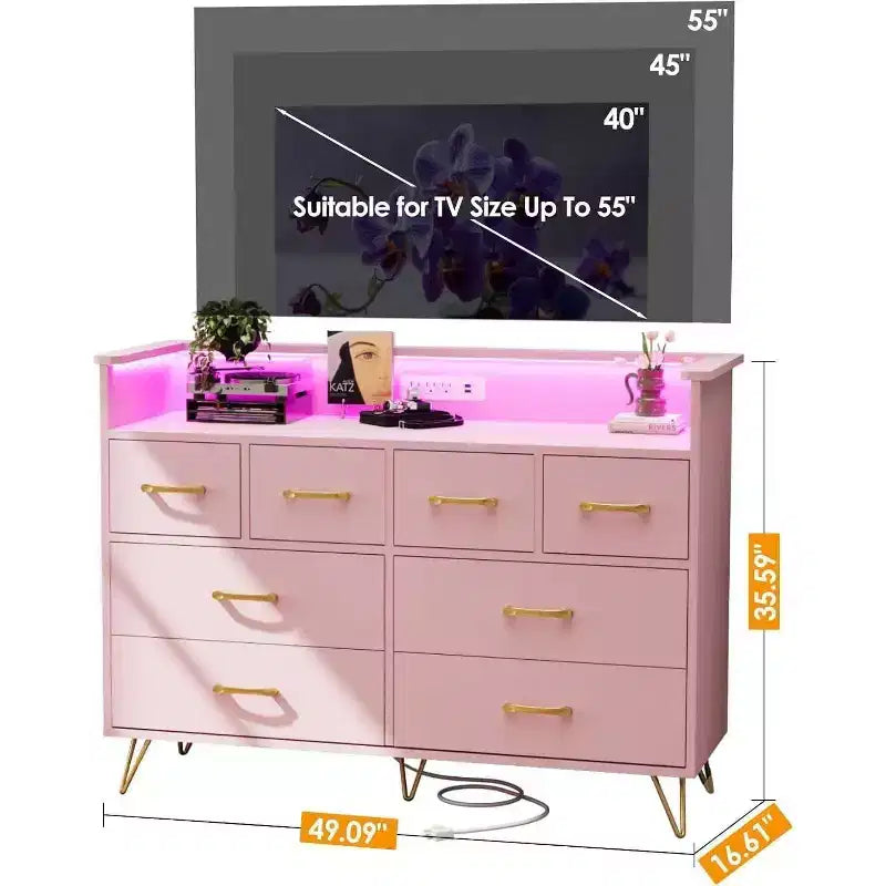 8-Drawer Dresser TV Stand with Charging Station - Black Storage Entertainment Center for Bedroom & Living Room