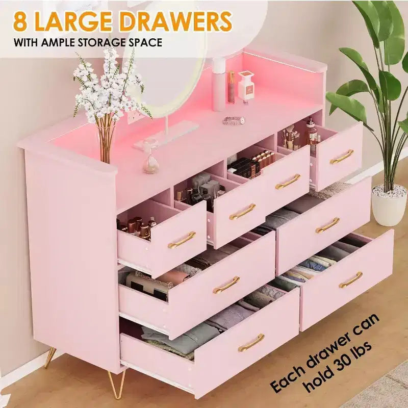 8-Drawer Dresser TV Stand with Charging Station - Black Storage Entertainment Center for Bedroom & Living Room