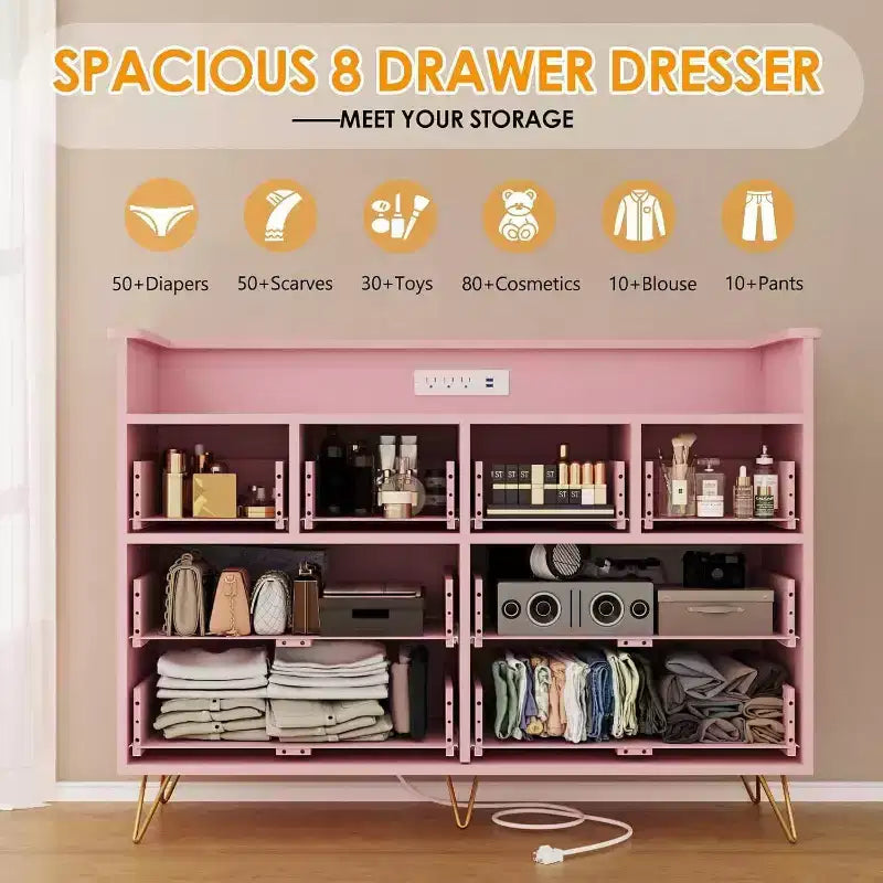 8-Drawer Dresser TV Stand with Charging Station - Black Storage Entertainment Center for Bedroom & Living Room