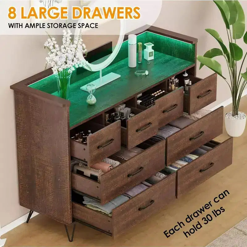 8-Drawer Dresser TV Stand with Charging Station - Black Storage Entertainment Center for Bedroom & Living Room