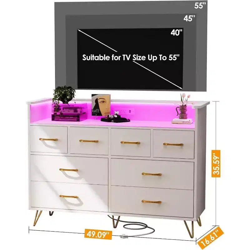 8-Drawer Dresser TV Stand with Charging Station - Black Storage Entertainment Center for Bedroom & Living Room
