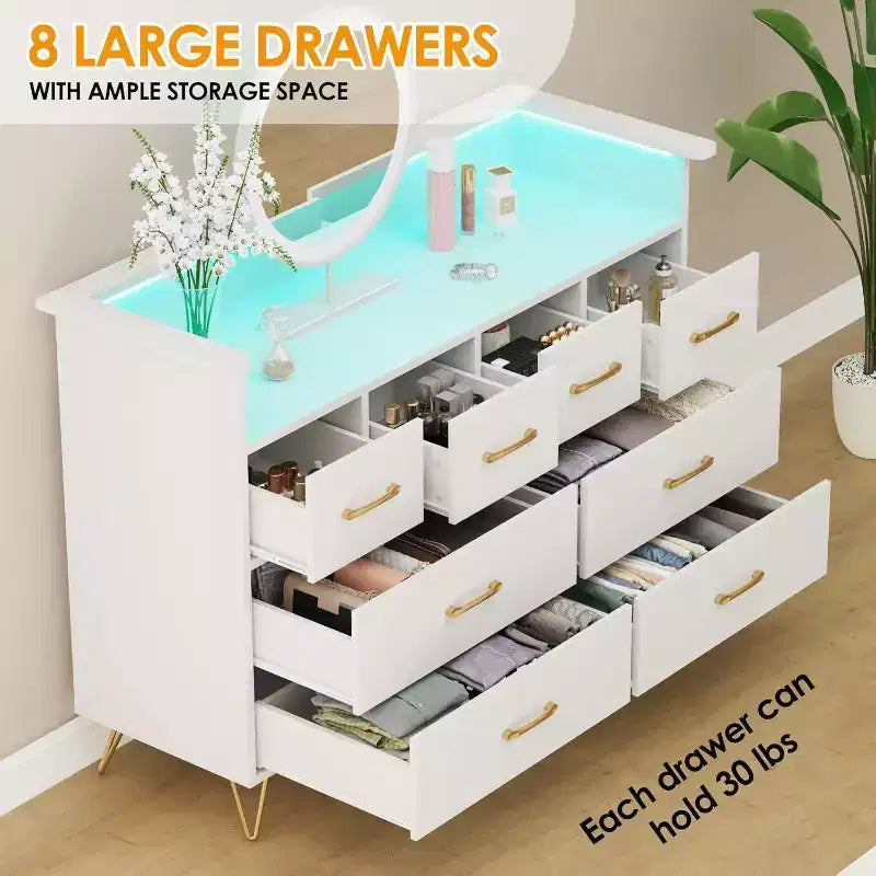 8-Drawer Dresser TV Stand with Charging Station - Black Storage Entertainment Center for Bedroom & Living Room