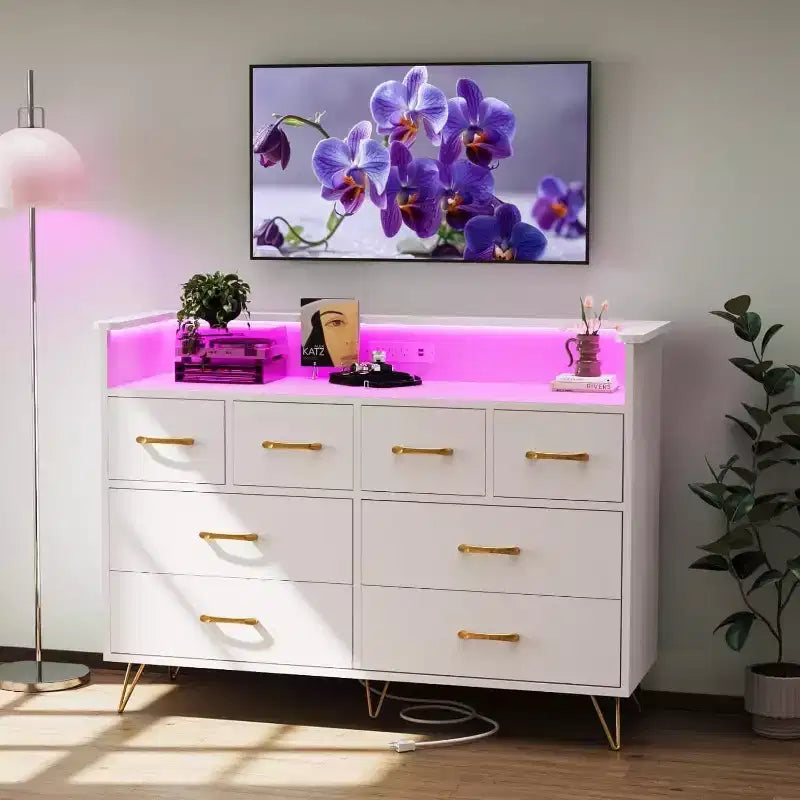 8-Drawer Dresser TV Stand with Charging Station - Black Storage Entertainment Center for Bedroom & Living Room